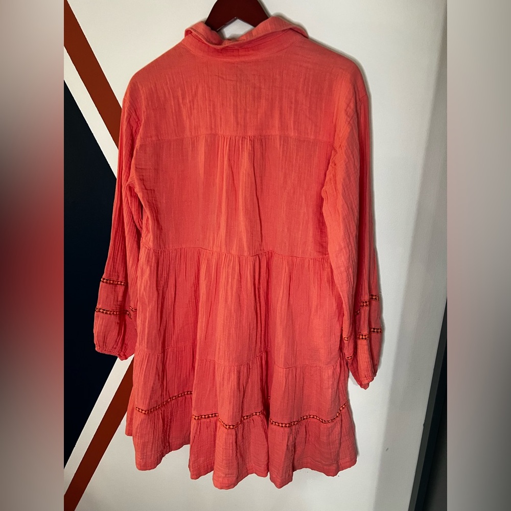 Women's Coral Tiered Mini Dress with Button Placket - Picture 6 of 6